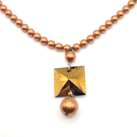 Emily Ray Bronze Tone Glass Faux Pearls Modern Square Crystal Pendant 925 Silver - Picture 4 of 6